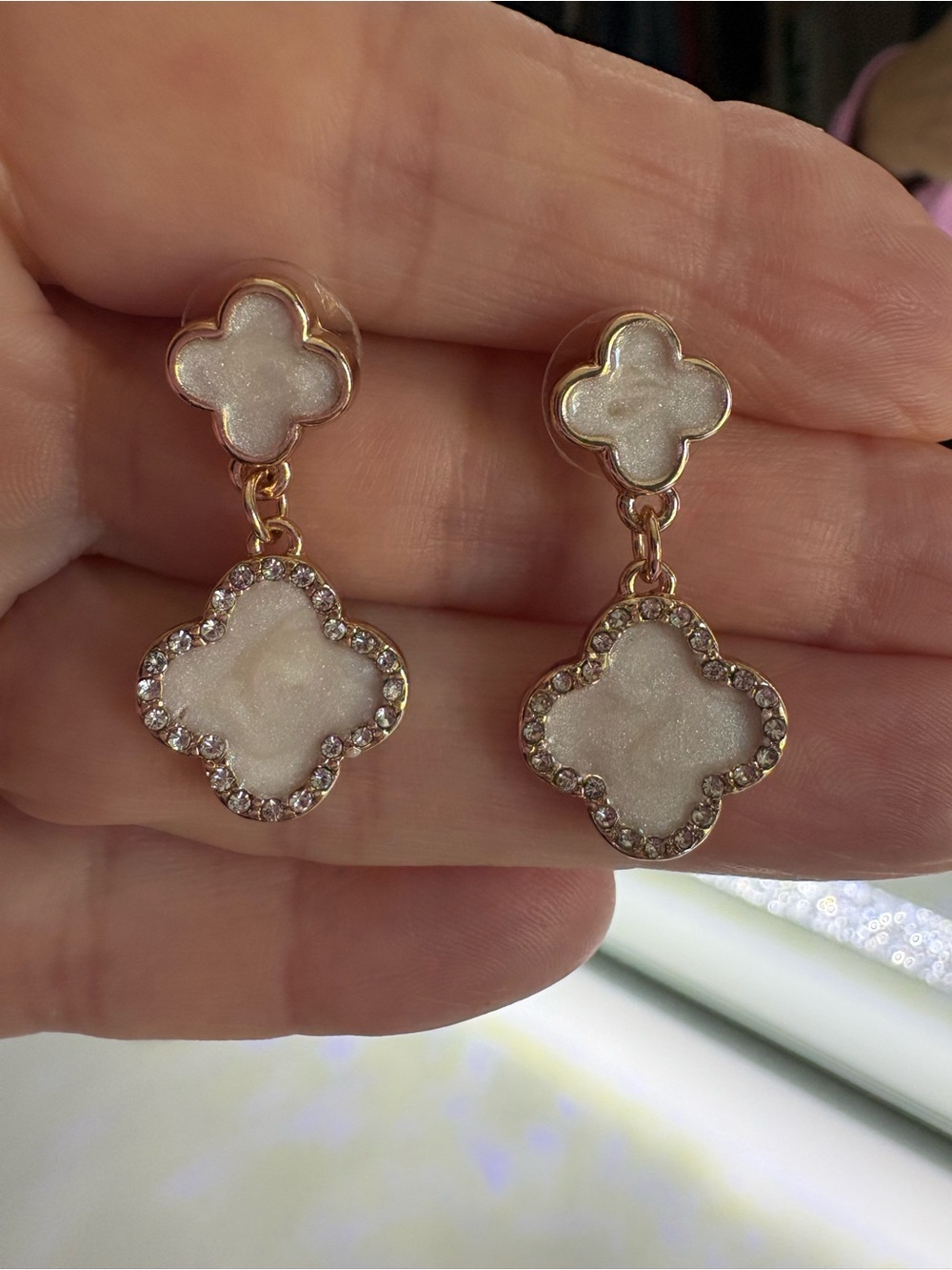 White Gold-Tone Clover Drop Earrings - Picture 5 of 5